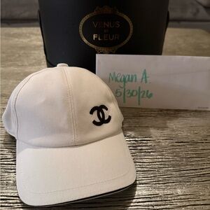 CHANEL White Baseball Cap with Black CC Embroidered Logo